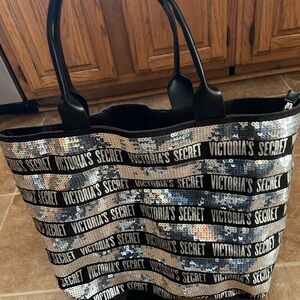 Victoria's Secret Sequined Stripe Tote Bag - Black/Silver 19x13